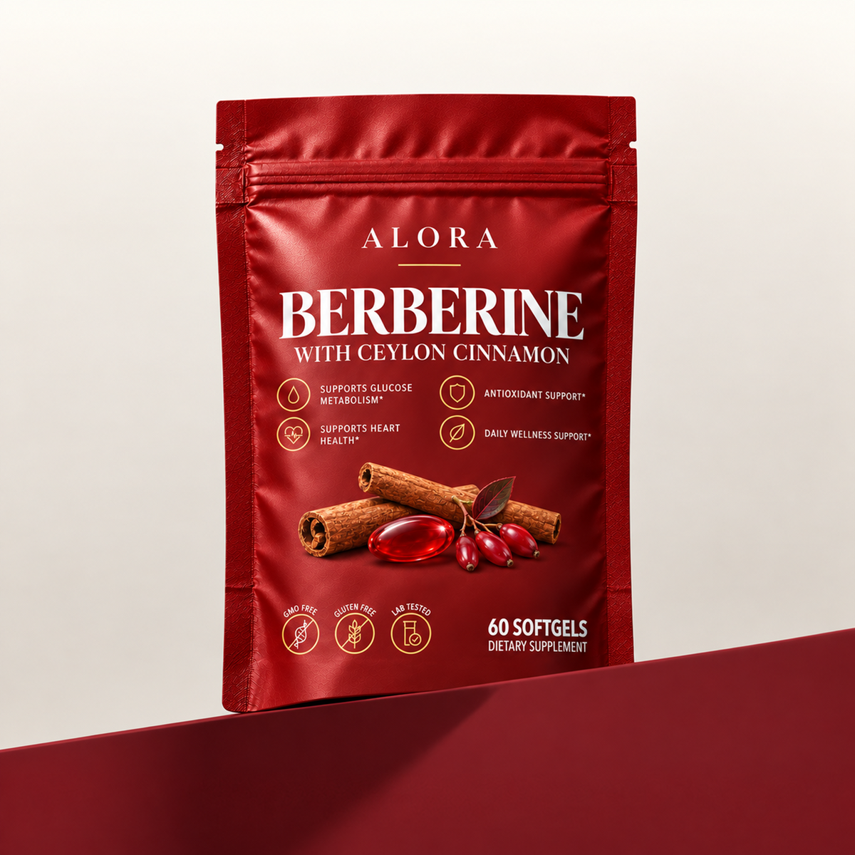 Alora Berberine with Ceylon Cinnamon 60-softgel pouch on a crimson plinth
