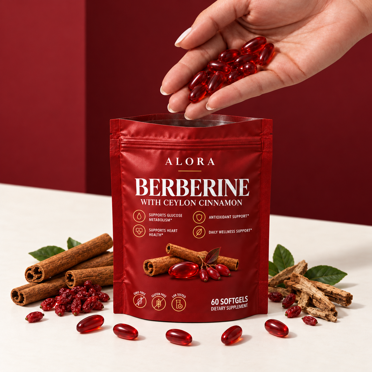 A hand holding ruby softgels above an open Alora pouch with barberry roots and Ceylon cinnamon