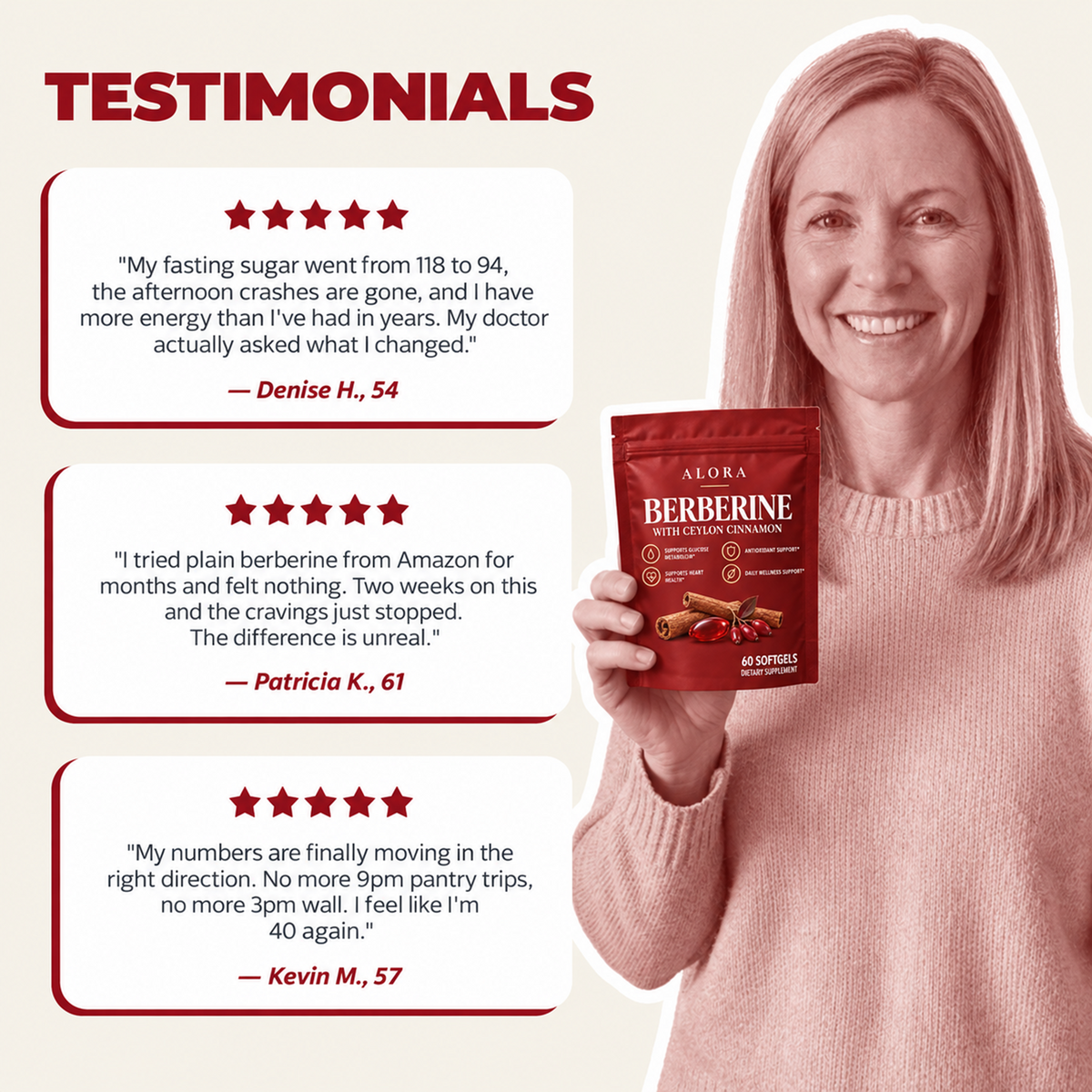 Alora customer testimonials from Denise, Patricia and Kevin