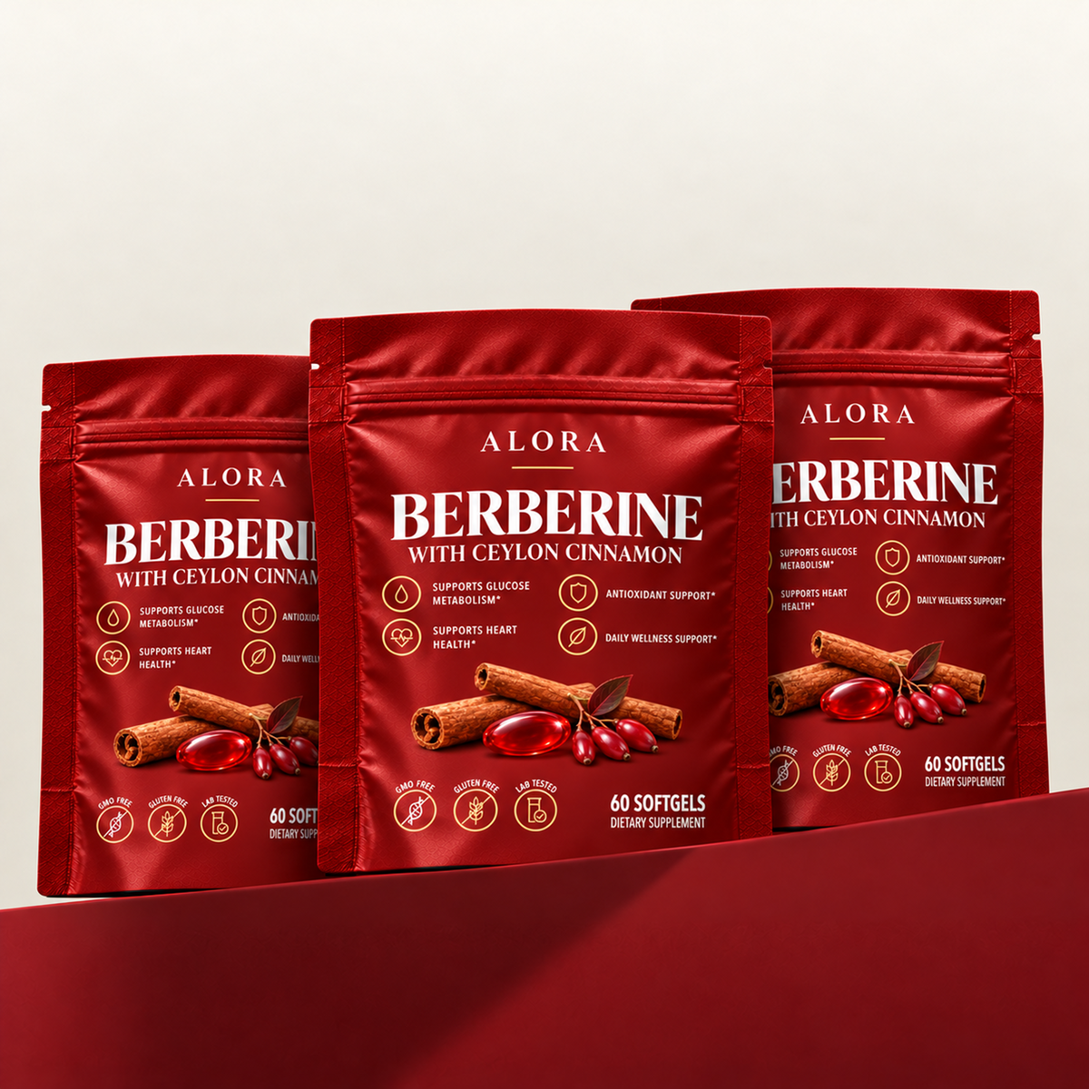 Three Alora Berberine with Ceylon Cinnamon pouches on a crimson plinth