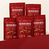 Five Alora Berberine with Ceylon Cinnamon pouches on a crimson plinth