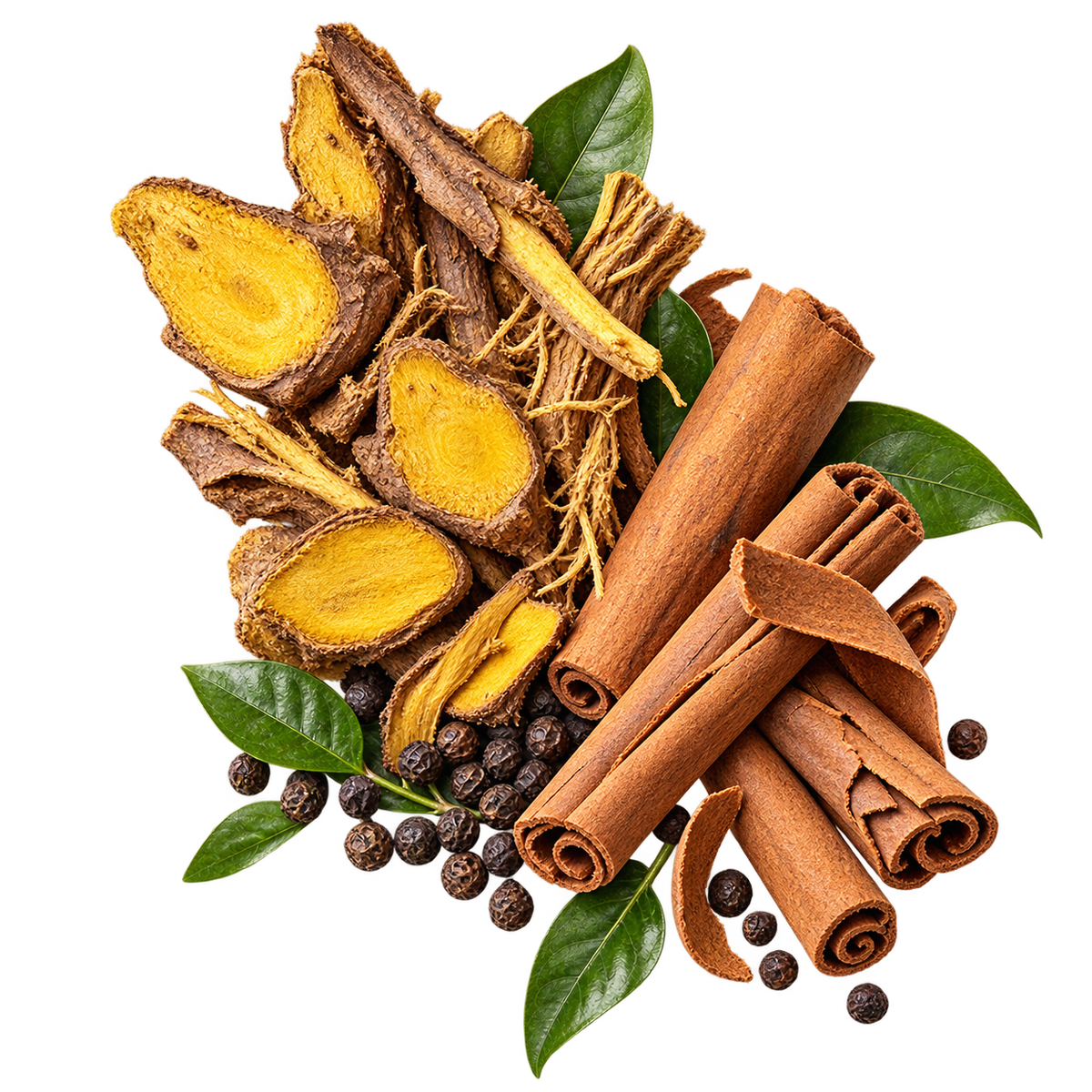Berberis root, Ceylon cinnamon bark and black pepper botanical arrangement