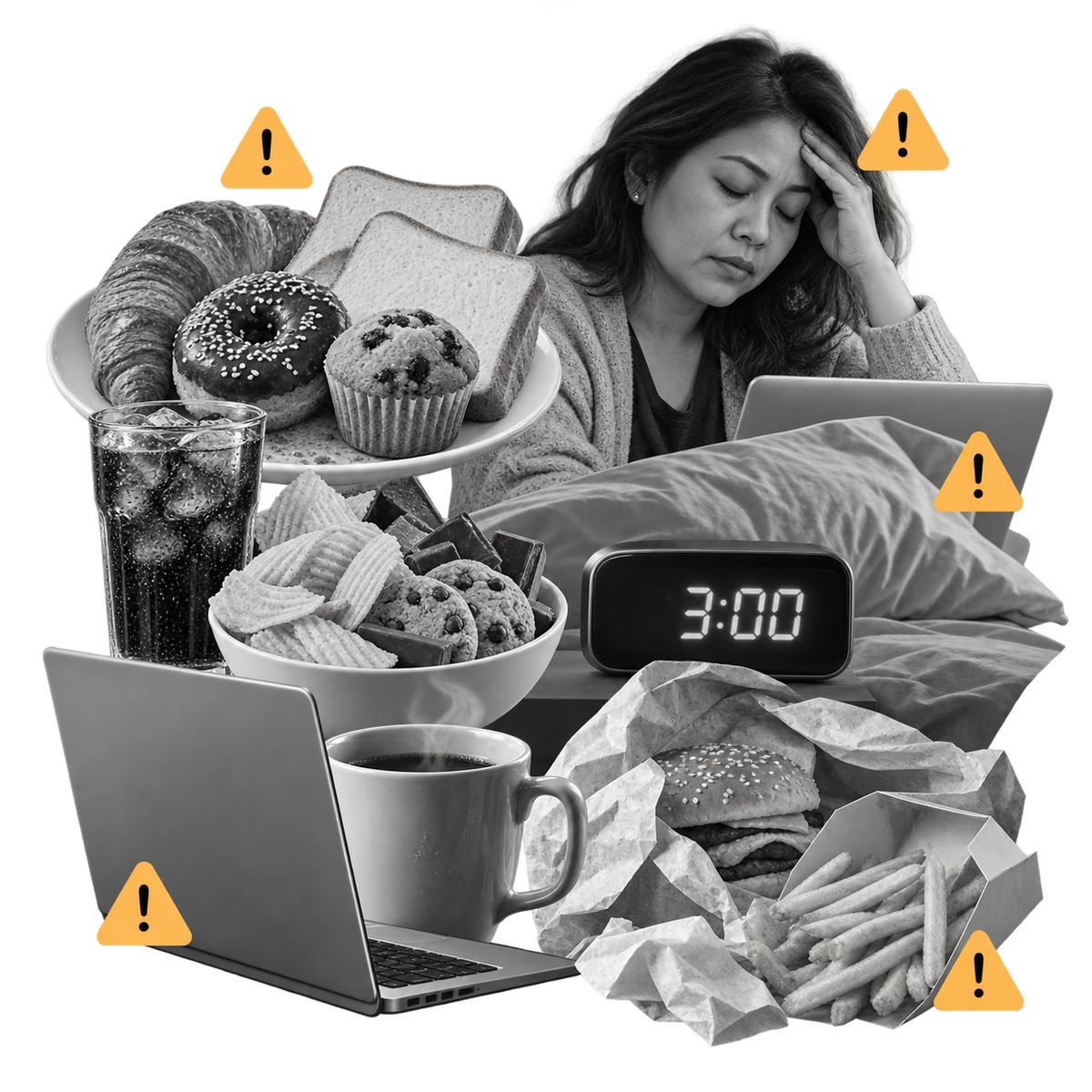 Illustrative montage of modern routines: tired desk worker, processed foods and a bedside clock