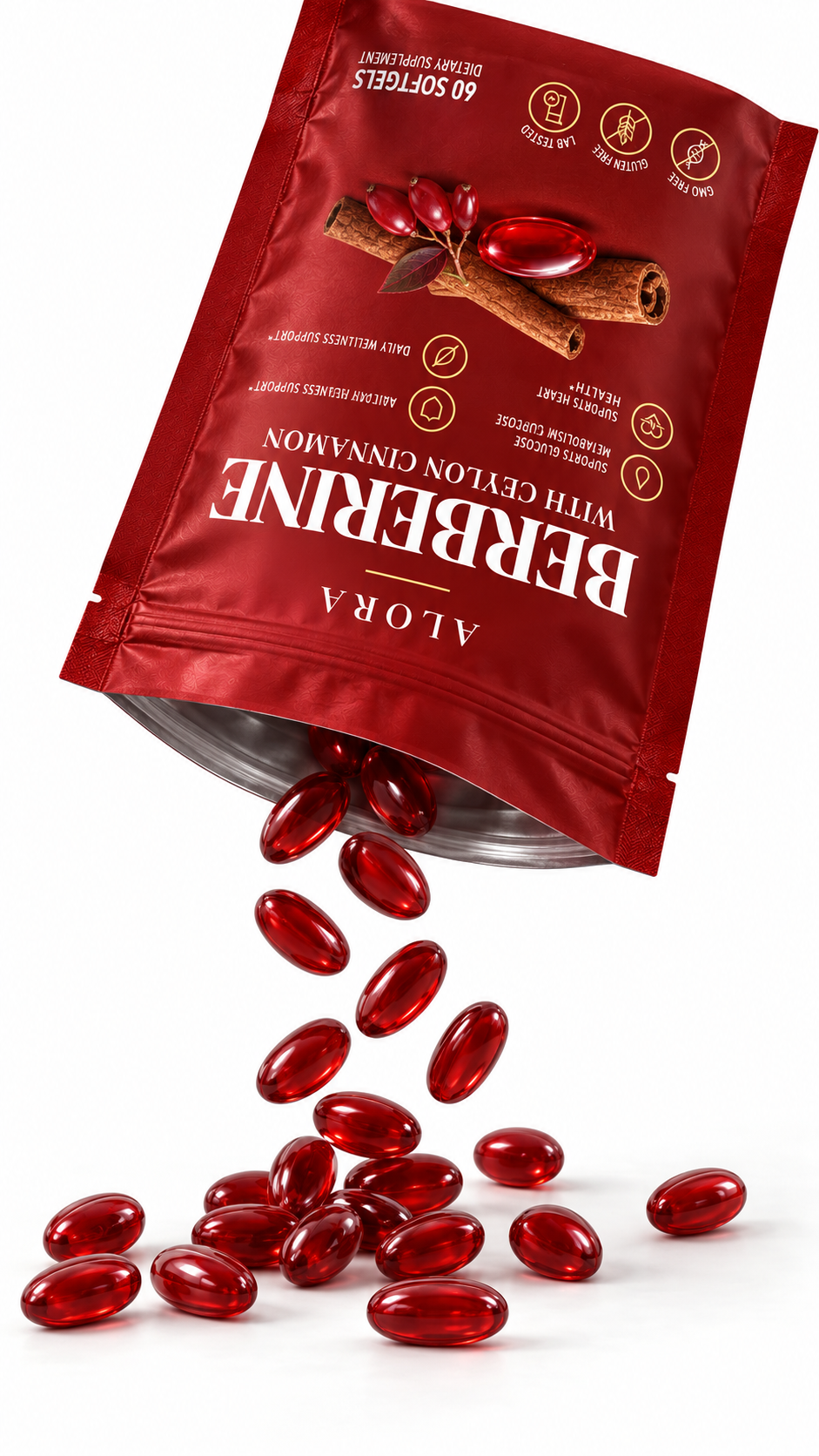An inverted red Alora pouch pouring ruby-colored softgels onto a white surface