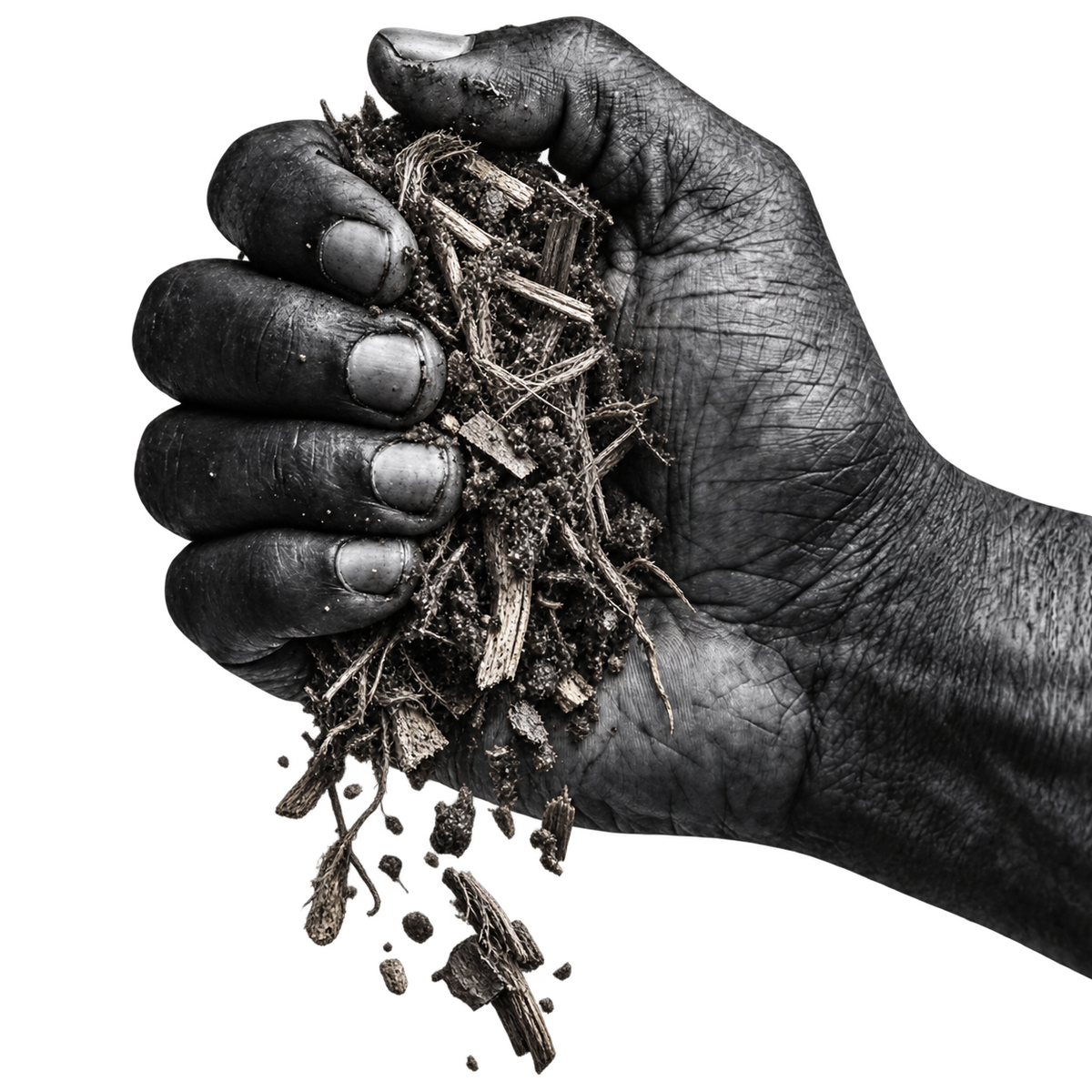 Monochrome hand squeezing unbranded berberis roots with falling botanical pieces