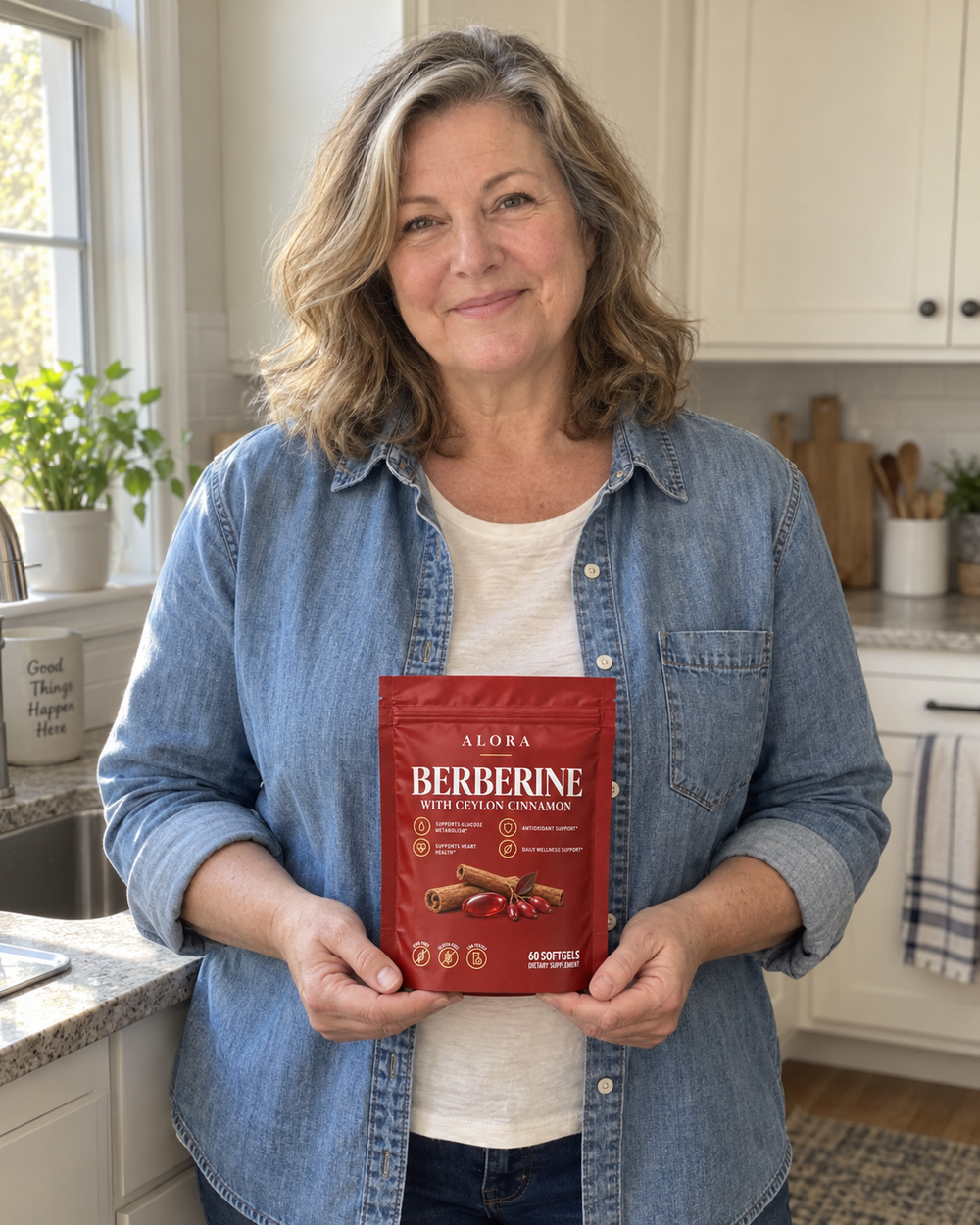 Alora lifestyle portrait with a red Berberine pouch