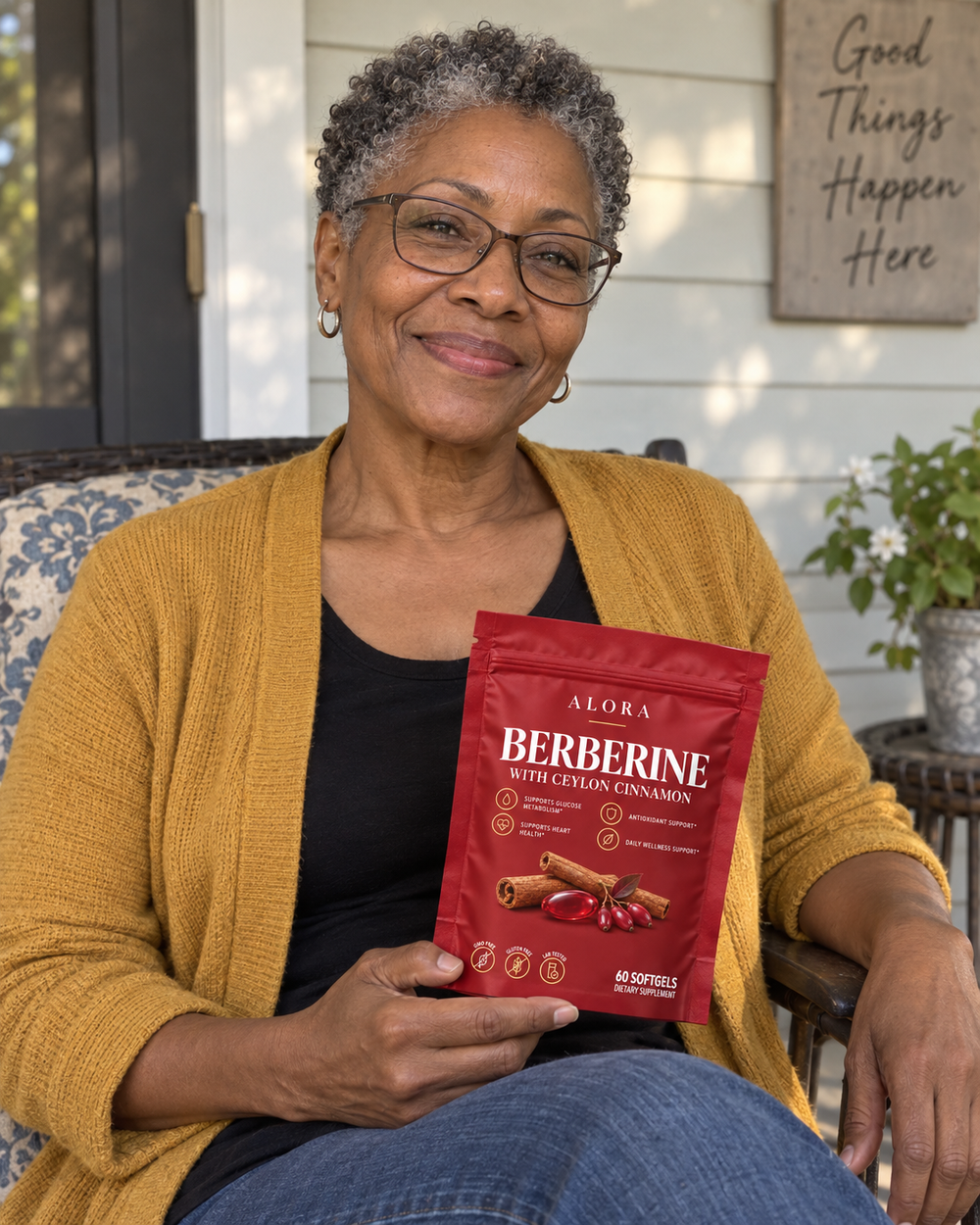 Alora lifestyle portrait with a red Berberine pouch