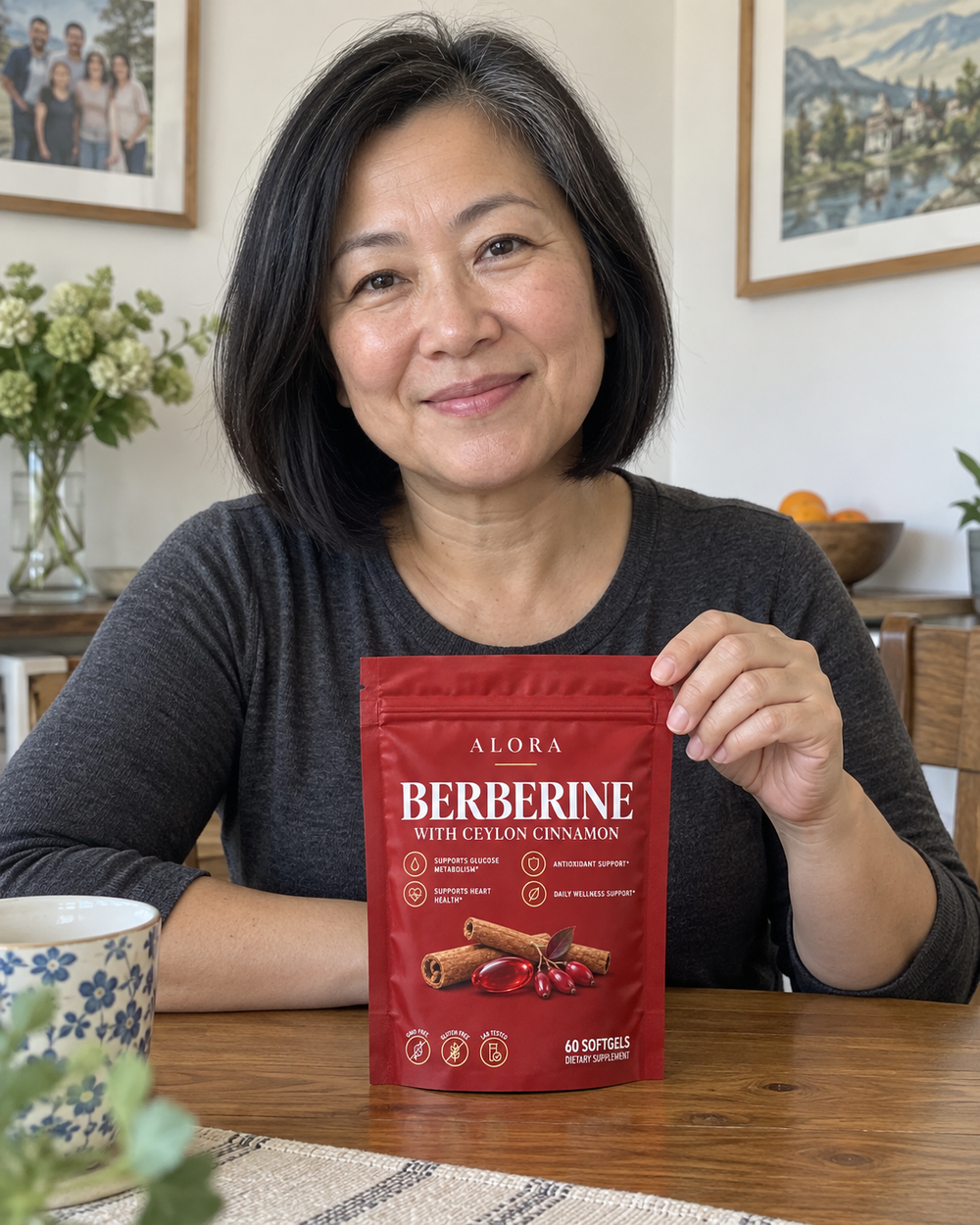 Alora lifestyle portrait with a red Berberine pouch