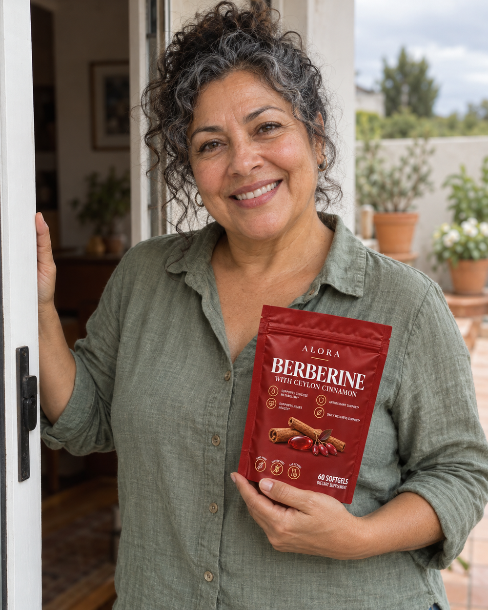 Alora lifestyle portrait with a red Berberine pouch
