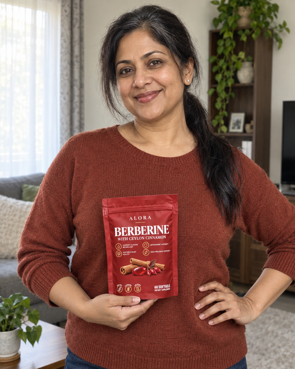 Alora lifestyle portrait with a red Berberine pouch