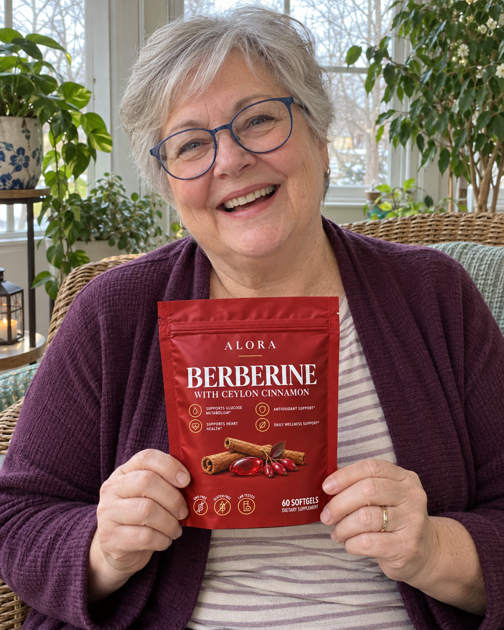 Alora lifestyle portrait with a red Berberine pouch